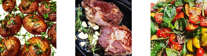 Coelias rib eye steaks hasselback potatoes and summer salad